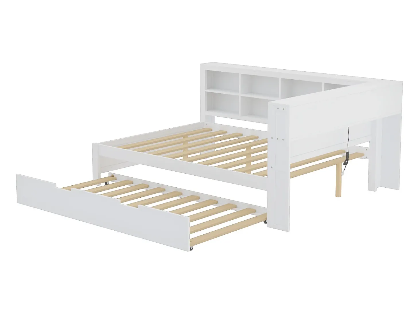 Cama com gavetão 140 x 200 cm + 90 x 190 cm com tomada USB e estante - Madeira maciça - Branco (sem colchão)