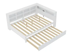 Cama com gavetão 140 x 200 cm + 90 x 190 cm com tomada USB e estante - Madeira maciça - Branco (sem colchão)