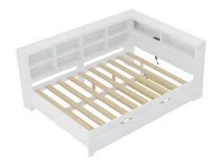 Cama com gavetão 140 x 200 cm + 90 x 190 cm com tomada USB e estante - Madeira maciça - Branco (sem colchão)
