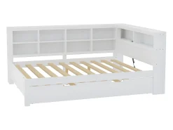 Cama com gavetão 140 x 200 cm + 90 x 190 cm com tomada USB e estante - Madeira maciça - Branco (sem colchão)