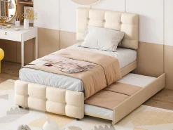 Cama com gavetão 90 x 190/200 cm - cabeceira ajustável - tecido de linho - para crianças - bege