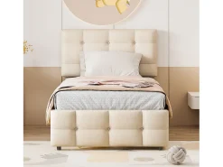 Cama com gavetão 90 x 190/200 cm - cabeceira ajustável - tecido de linho - para crianças - bege