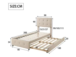 Cama com gavetão 90 x 190/200 cm - cabeceira ajustável - tecido de linho - para crianças - bege