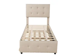 Cama com gavetão 90 x 190/200 cm - cabeceira ajustável - tecido de linho - para crianças - bege