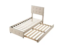 Cama com gavetão 90 x 190/200 cm - cabeceira ajustável - tecido de linho - para crianças - bege
