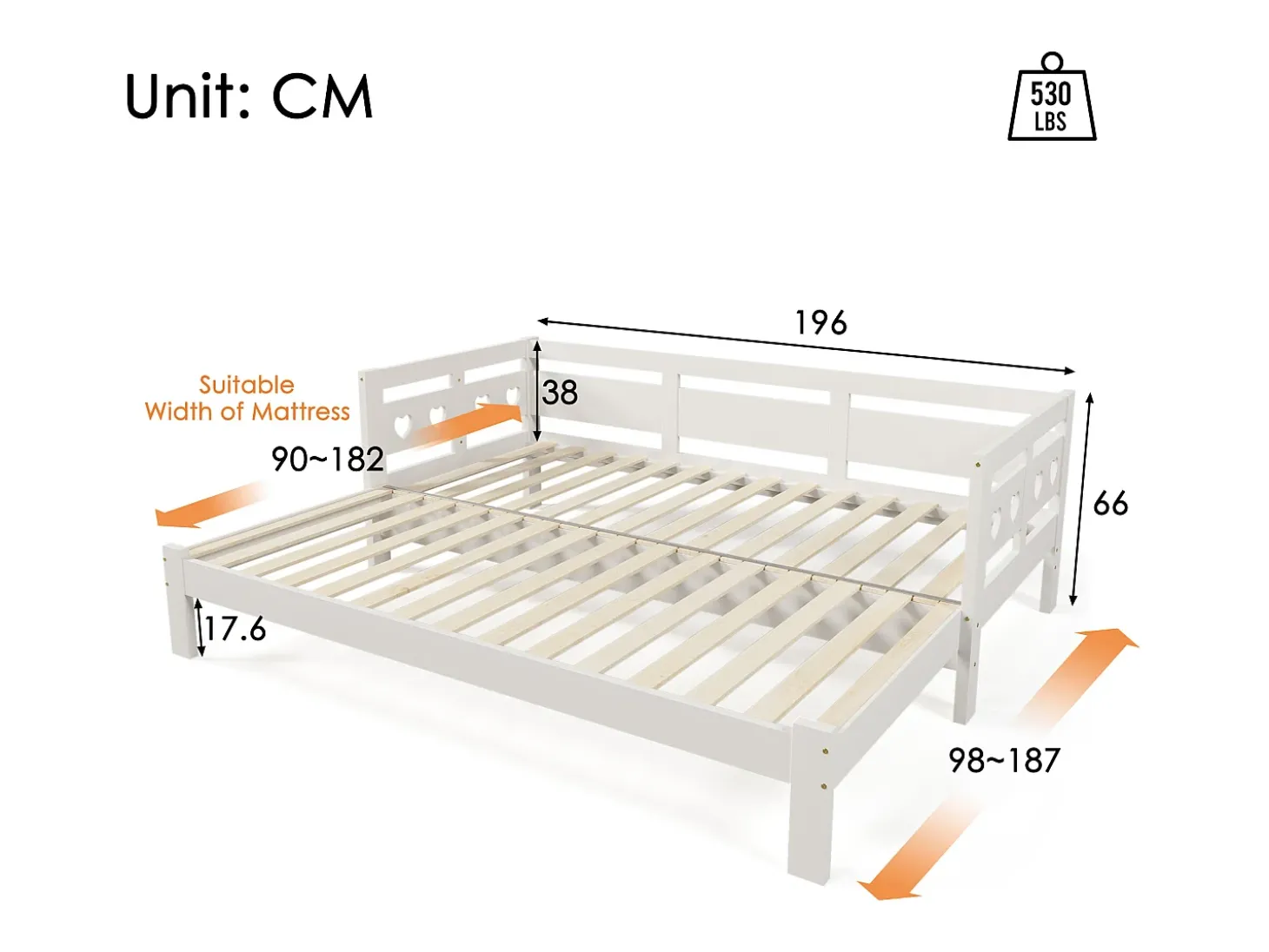 Cama com gavetão 90 x 190 cm - madeira maciça - estrutura de enrolar - padrão de coração - branco