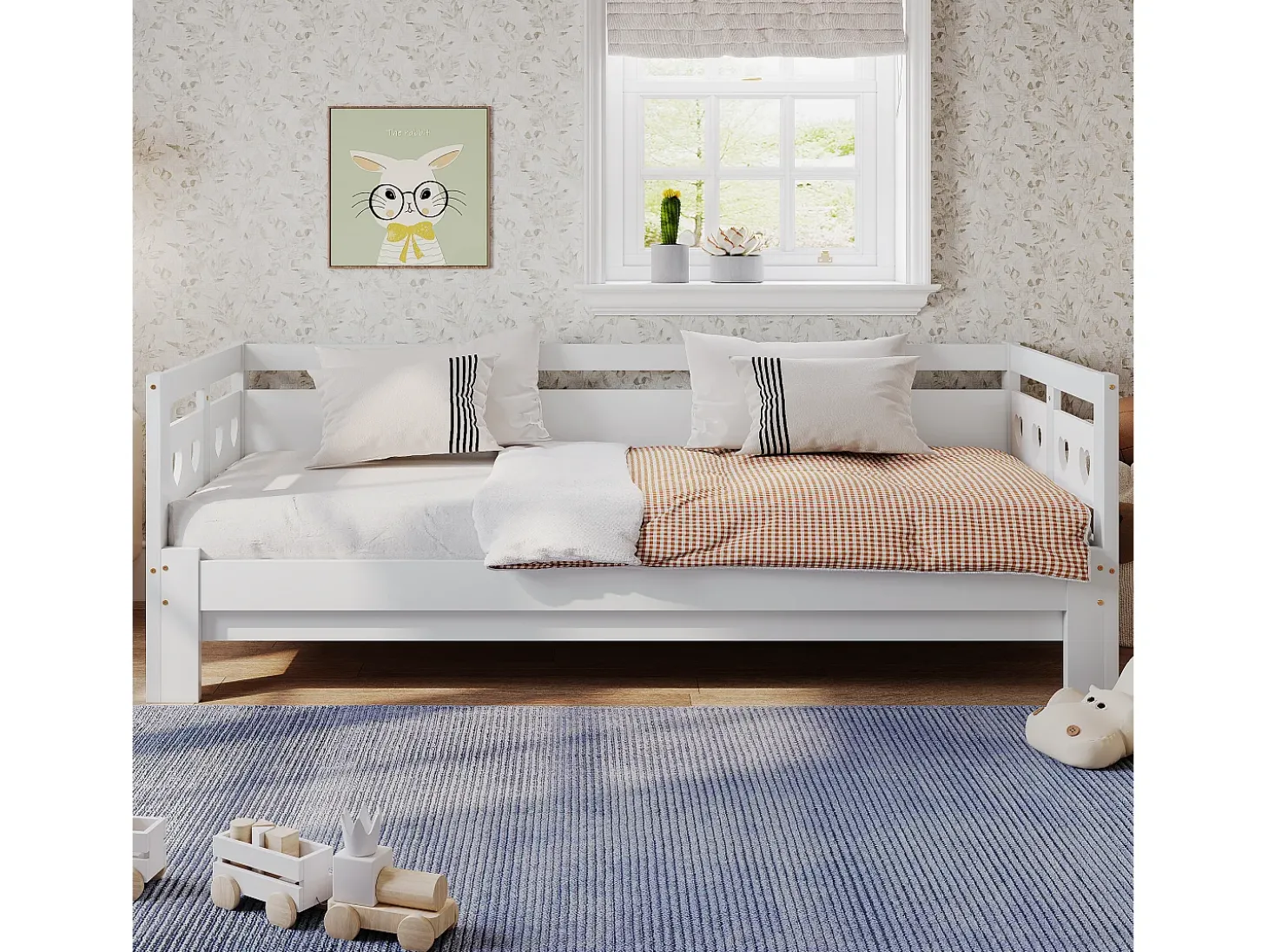 Cama com gavetão 90 x 190 cm - madeira maciça - estrutura de enrolar - padrão de coração - branco