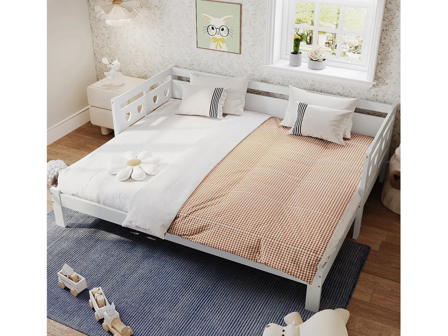 Cama com gavetão 90 x 190 cm - madeira maciça - estrutura de enrolar - padrão de coração - branco