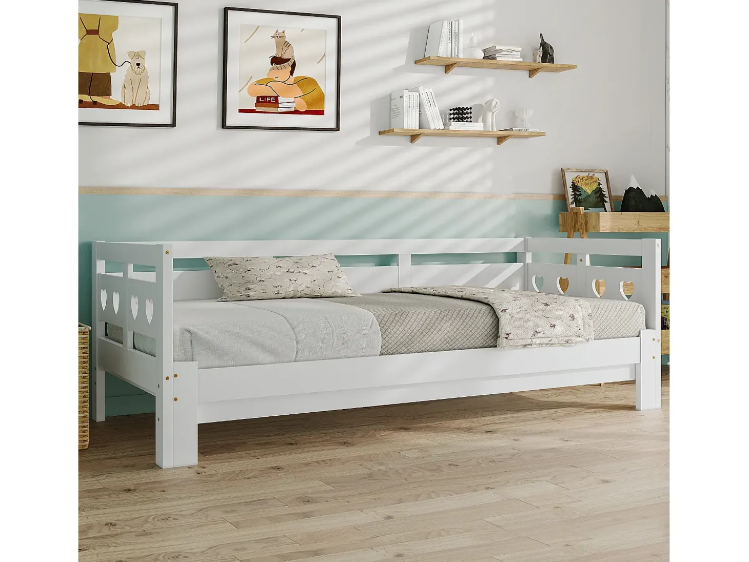 Cama com gavetão 90 x 190 cm - madeira maciça - estrutura de enrolar - padrão de coração - branco