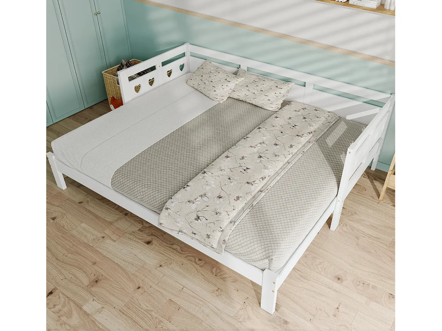 Cama com gavetão 90 x 190 cm - madeira maciça - estrutura de enrolar - padrão de coração - branco