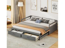 Cama com gavetão 90 x 200 cm com 2 gavetas - Madeira de pinho - base de ripas - cinza