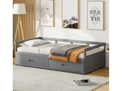 Cama com gavetão 90 x 200 cm com 2 gavetas - Madeira de pinho - base de ripas - cinza