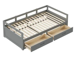 Cama com gavetão 90 x 200 cm com 2 gavetas - Madeira de pinho - base de ripas - cinza