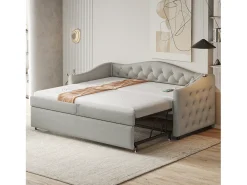 Cama com gavetão 90 x 200 cm com tomadas USB, sofá cama - Tecido de linho - Base de ripas - Cinza (sem colchão)