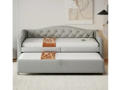 Cama com gavetão 90 x 200 cm com tomadas USB, sofá cama - Tecido de linho - Base de ripas - Cinza (sem colchão)