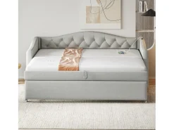 Cama com gavetão 90 x 200 cm com tomadas USB, sofá cama - Tecido de linho - Base de ripas - Cinza (sem colchão)