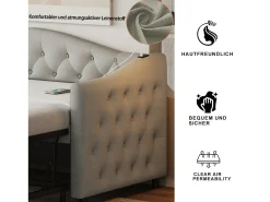 Cama com gavetão 90 x 200 cm com tomadas USB, sofá cama - Tecido de linho - Base de ripas - Cinza (sem colchão)