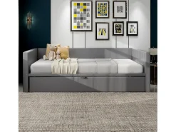 Cama com gavetão 90/180 x 200 cm com cabeceira, cama acolchoada - Veludo - Base de ripas - Cinza
