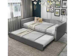 Cama com gavetão 90/180 x 200 cm com cabeceira, cama acolchoada - Veludo - Base de ripas - Cinza