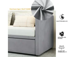 Cama com gavetão 90/180 x 200 cm com cabeceira, cama acolchoada - Veludo - Base de ripas - Cinza