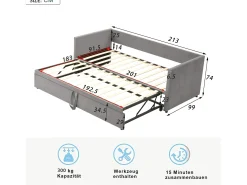 Cama com gavetão 90/180 x 200 cm com cabeceira, cama acolchoada - Veludo - Base de ripas - Cinza