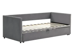 Cama com gavetão 90/180 x 200 cm com cabeceira, cama acolchoada - Veludo - Base de ripas - Cinza