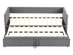 Cama com gavetão 90/180 x 200 cm com cabeceira, cama acolchoada - Veludo - Base de ripas - Cinza