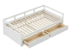 Cama com gavetão 90 x 200 cm com 2 gavetas - Madeira de pinho - base de ripas - branco