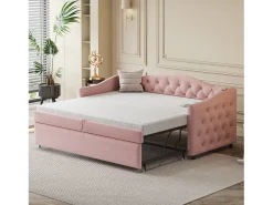 Cama com gavetão 90 x 200 cm com tomadas USB, sofá cama - Tecido de linho - Base de ripas - Rosa (sem colchão)