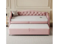 Cama com gavetão 90 x 200 cm com tomadas USB, sofá cama - Tecido de linho - Base de ripas - Rosa (sem colchão)