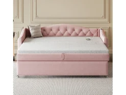 Cama com gavetão 90 x 200 cm com tomadas USB, sofá cama - Tecido de linho - Base de ripas - Rosa (sem colchão)