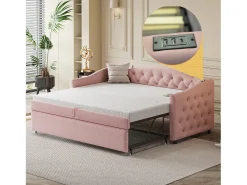 Cama com gavetão 90 x 200 cm com tomadas USB, sofá cama - Tecido de linho - Base de ripas - Rosa (sem colchão)