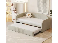 Cama com gavetão 90/180x190 cm - sofá cama em tecido de linho - com base de ripas - Bege