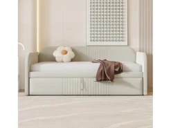 Cama com gavetão 90/180x190 cm - sofá cama em tecido de linho - com base de ripas - Bege