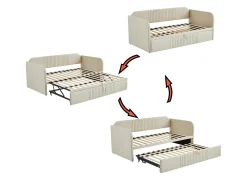 Cama com gavetão 90/180x190 cm - sofá cama em tecido de linho - com base de ripas - Bege