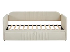 Cama com gavetão 90/180x190 cm - sofá cama em tecido de linho - com base de ripas - Bege