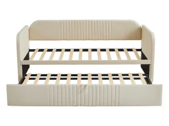 Cama com gavetão 90/180x190 cm - sofá cama em tecido de linho - com base de ripas - Bege