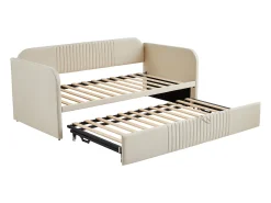Cama com gavetão 90/180x190 cm - sofá cama em tecido de linho - com base de ripas - Bege