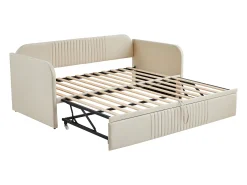 Cama com gavetão 90/180x190 cm - sofá cama em tecido de linho - com base de ripas - Bege