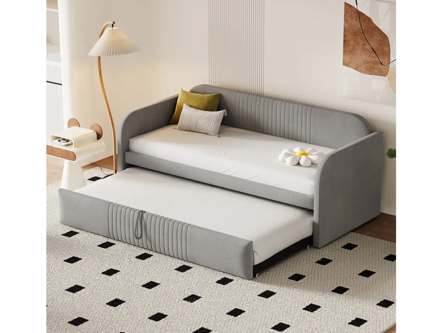 Cama com gavetão 90/180x190 cm - sofá cama em tecido de linho - com base de ripas - Cinza claro