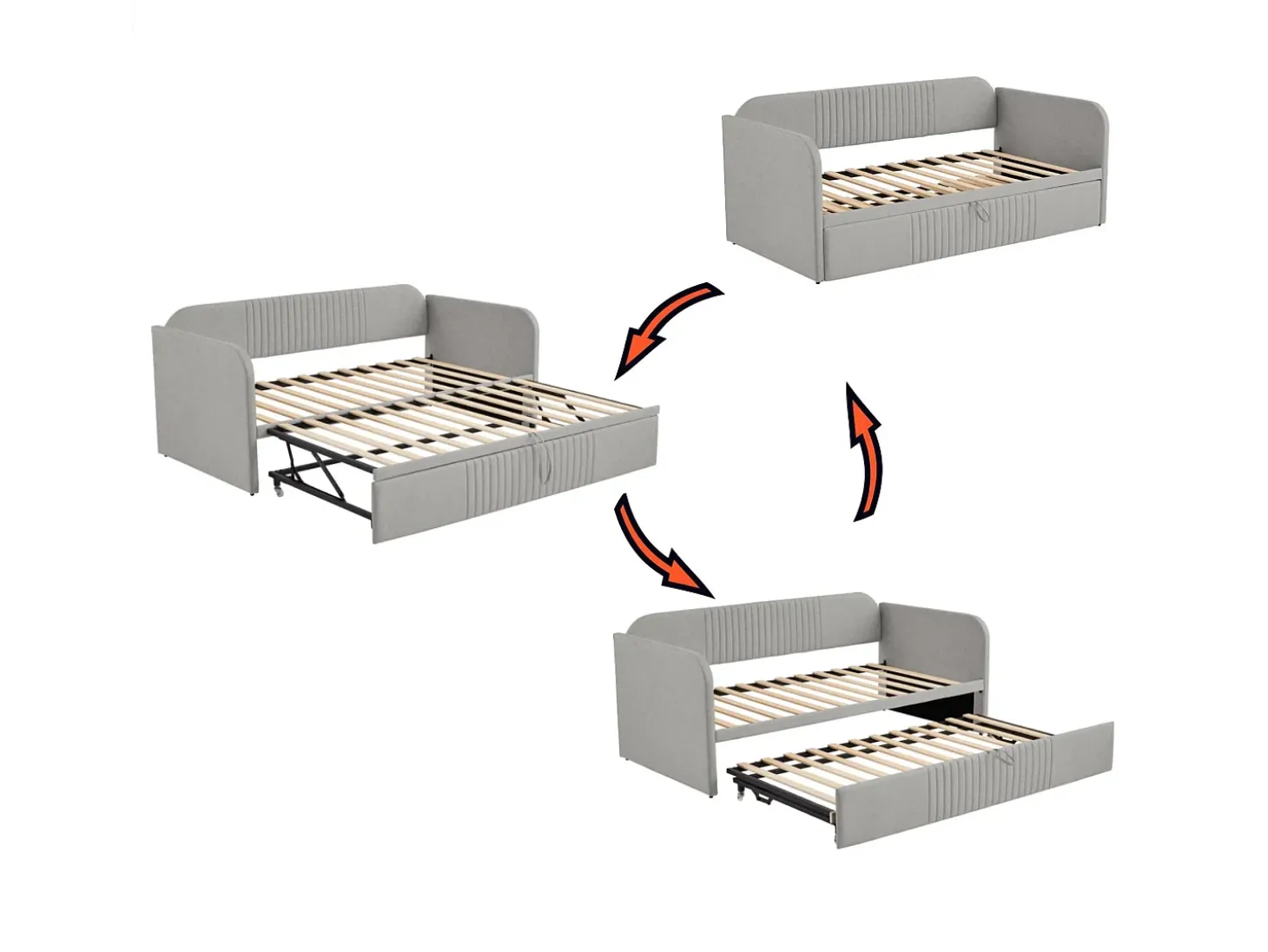 Cama com gavetão 90/180x190 cm - sofá cama em tecido de linho - com base de ripas - Cinza claro