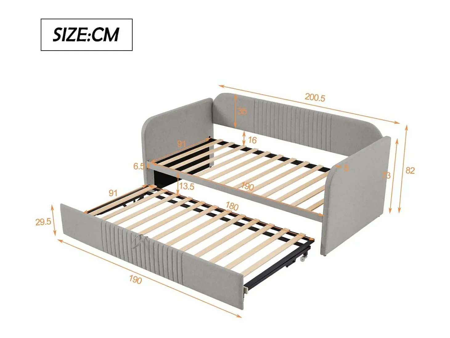 Cama com gavetão 90/180x190 cm - sofá cama em tecido de linho - com base de ripas - Cinza claro