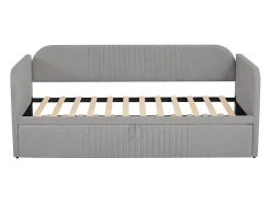 Cama com gavetão 90/180x190 cm - sofá cama em tecido de linho - com base de ripas - Cinza claro