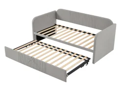 Cama com gavetão 90/180x190 cm - sofá cama em tecido de linho - com base de ripas - Cinza claro