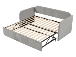 Cama com gavetão 90/180x190 cm - sofá cama em tecido de linho - com base de ripas - Cinza claro