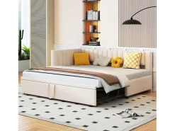 Cama com gavetão 90/180x200cm em veludo - Bege (colchão não incluído)