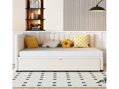 Cama com gavetão 90/180x200cm em veludo - Bege (colchão não incluído)
