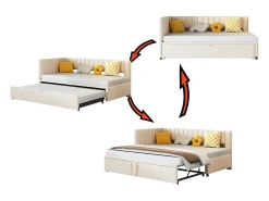Cama com gavetão 90/180x200cm em veludo - Bege (colchão não incluído)