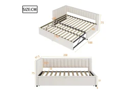 Cama com gavetão 90/180x200cm em veludo - Bege (colchão não incluído)