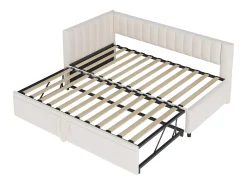 Cama com gavetão 90/180x200cm em veludo - Bege (colchão não incluído)